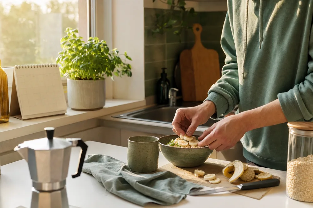 Junger Mensch bereitet morgens in einer hellen, eigenen Küche das Frühstück zu