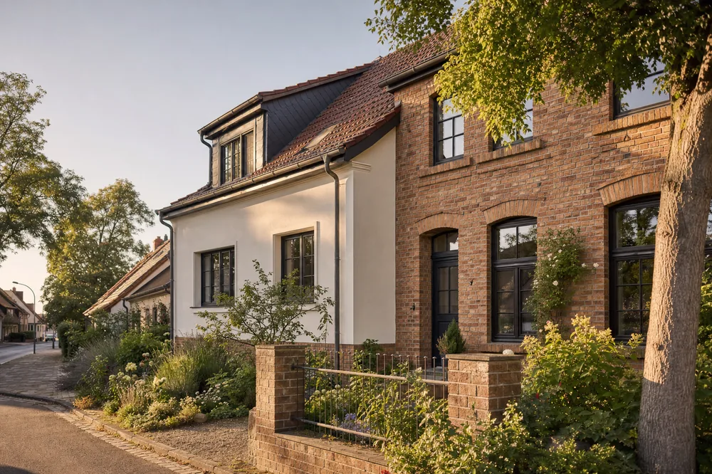 Saniertes traditionelles Haus mit Backsteinfassade und kleinem Vorgarten in einem Ort in Brandenburg